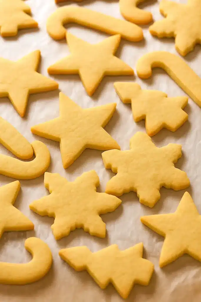 Unfrosted Christmas cookies on white parchment paper