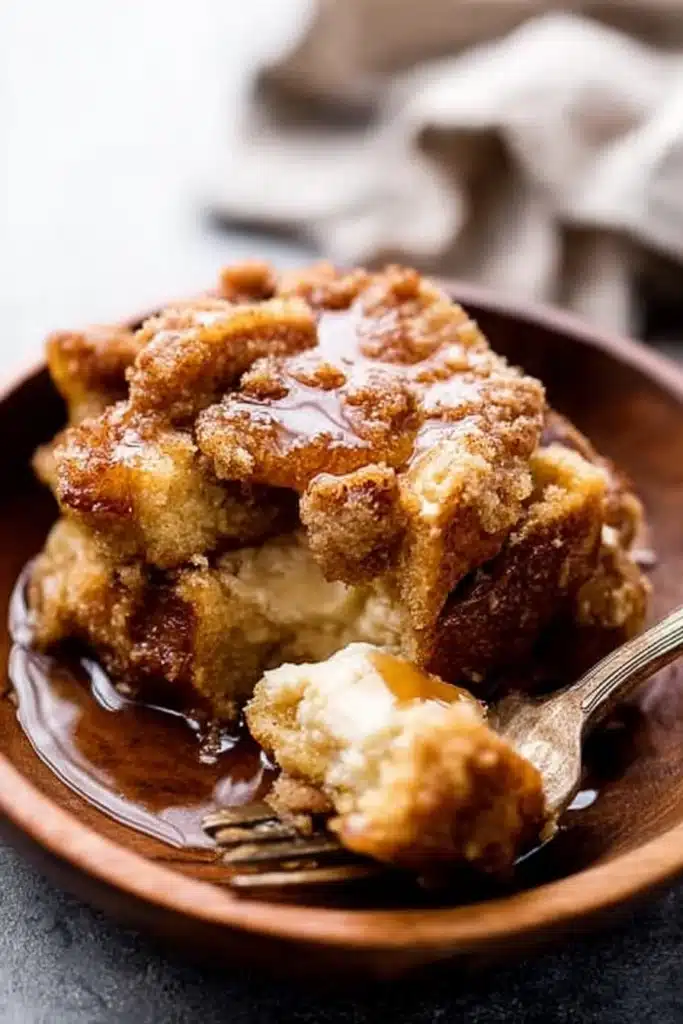 Serving of baked cream cheese French toast casserole with syrup