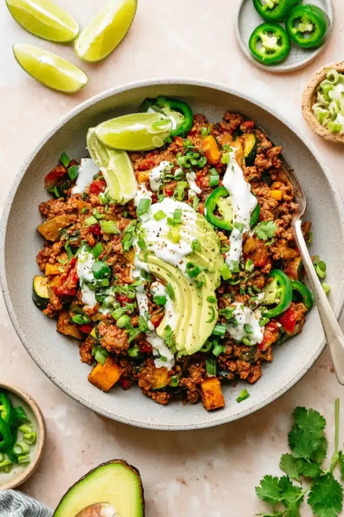 Bowl of ground beef and zucchini skillet topped with avocado, cilantro, and lime
