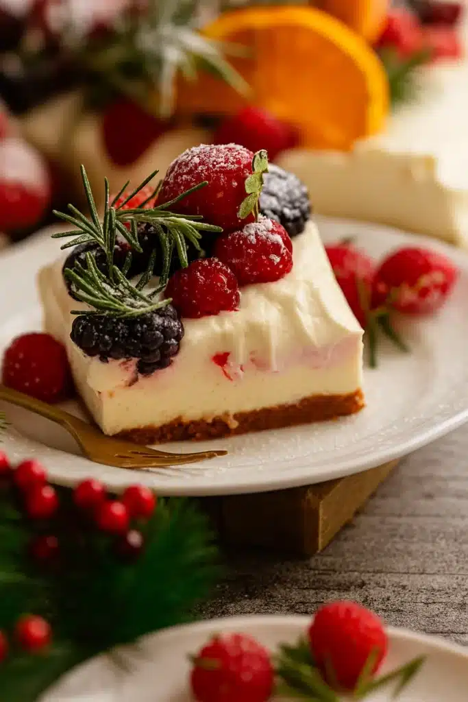 Slice of easy Christmas cheesecake slab with berries and rosemary on white plate