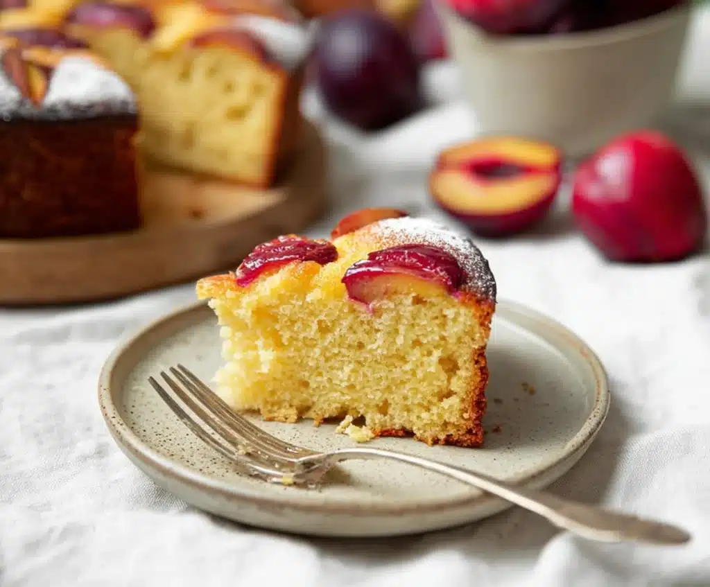 Slice of yogurt plum cake on a ceramic plate with fork