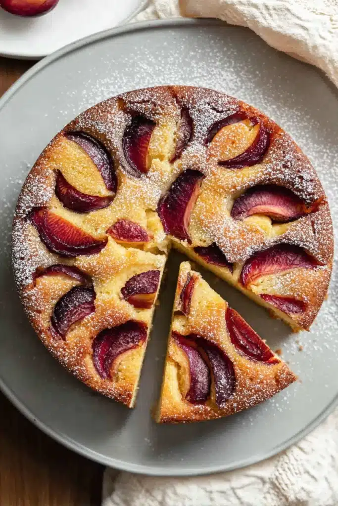 Slice of yogurt plum cake showing soft crumb and baked plum topping