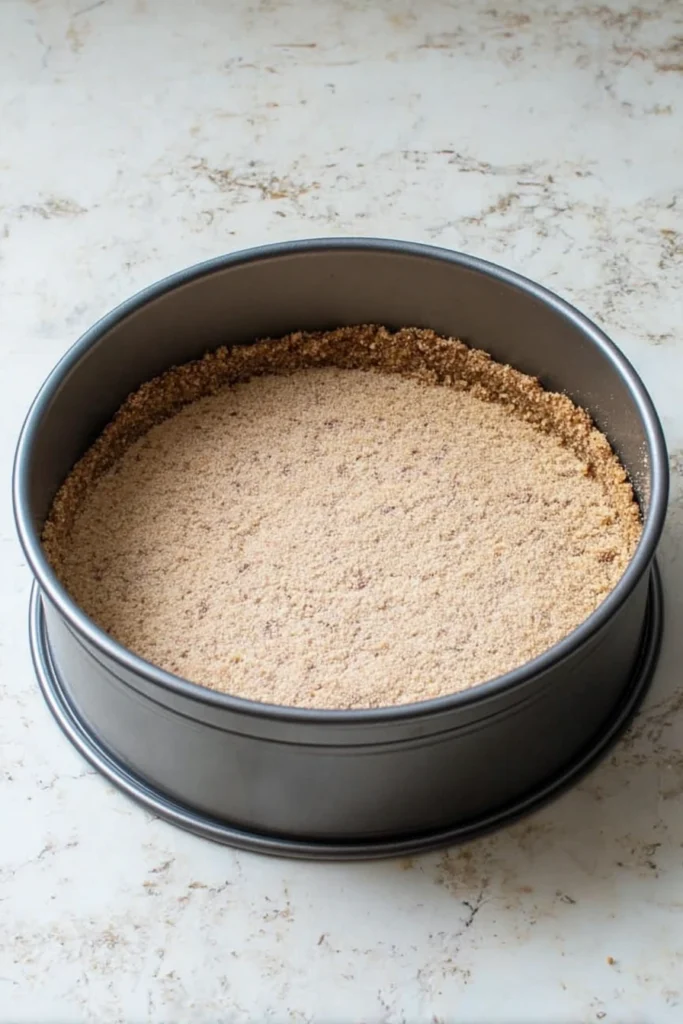 Pressed pecan crust for pumpkin pecan streusel torte in springform pan