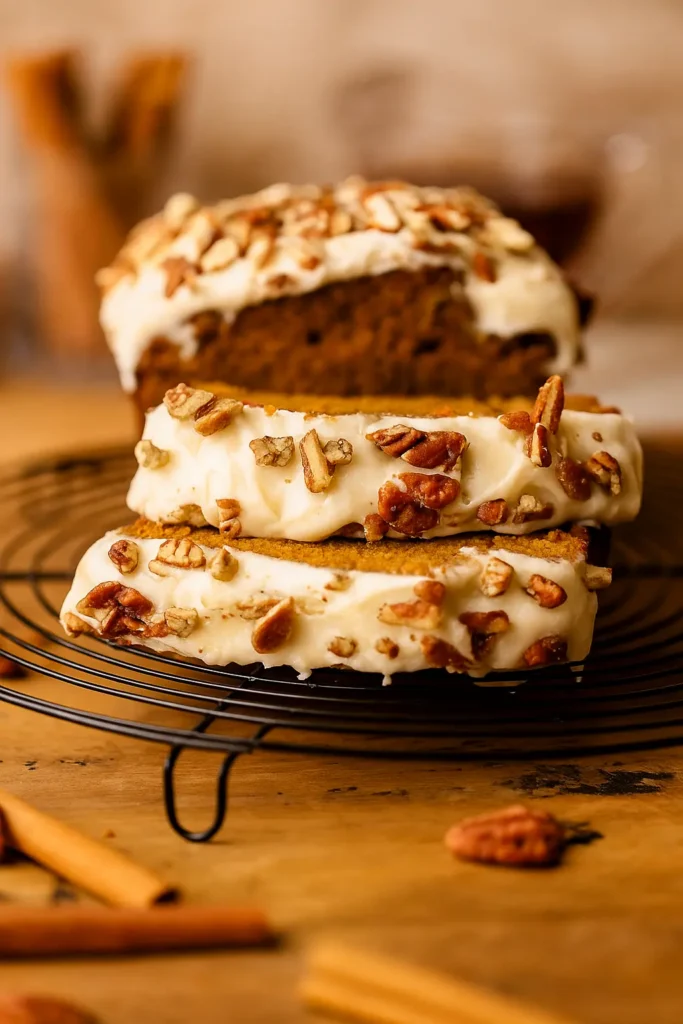Close-up of sliced frosted pumpkin bread with pecans