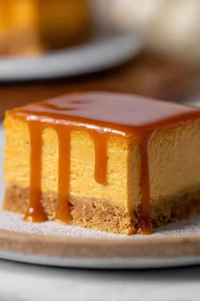 The Best Pumpkin Cheesecake Bars Ever with caramel drizzle on white plate