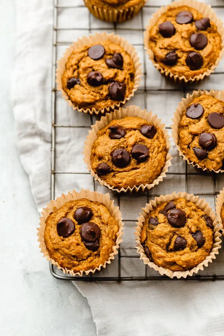 Pumpkin chocolate chip protein muffins cooling on a rack with melted chocolate chips