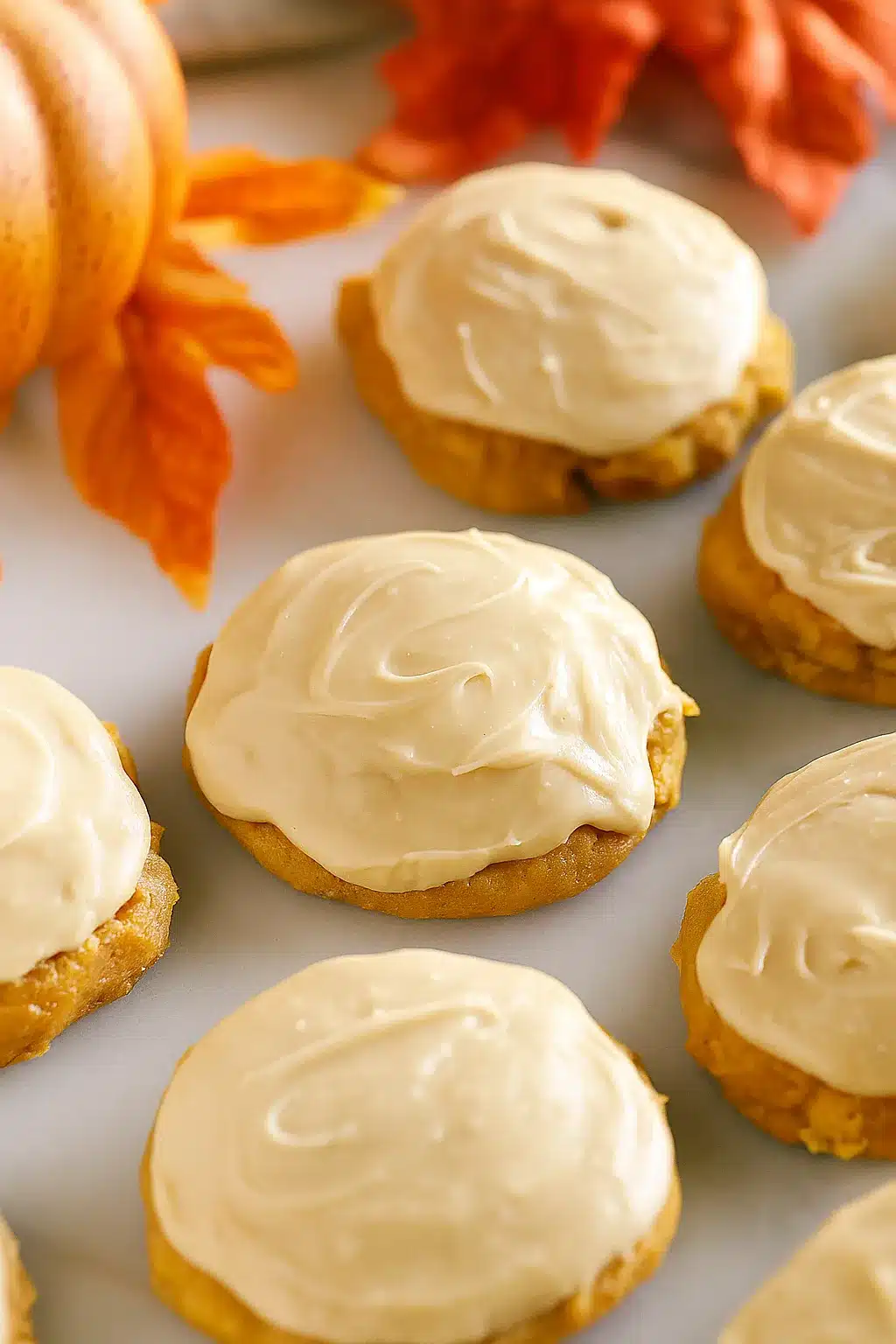 Soft pumpkin cookies with caramel frosting on a fall-themed surface