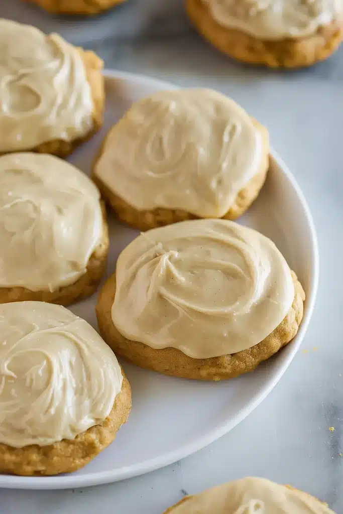 Plate of soft pumpkin cookies with creamy caramel frosting