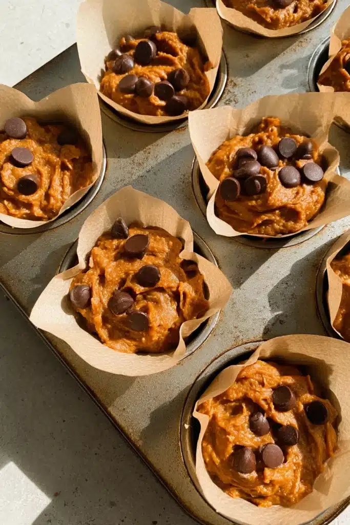 Pumpkin muffin batter portioned in muffin tin with chocolate chips
