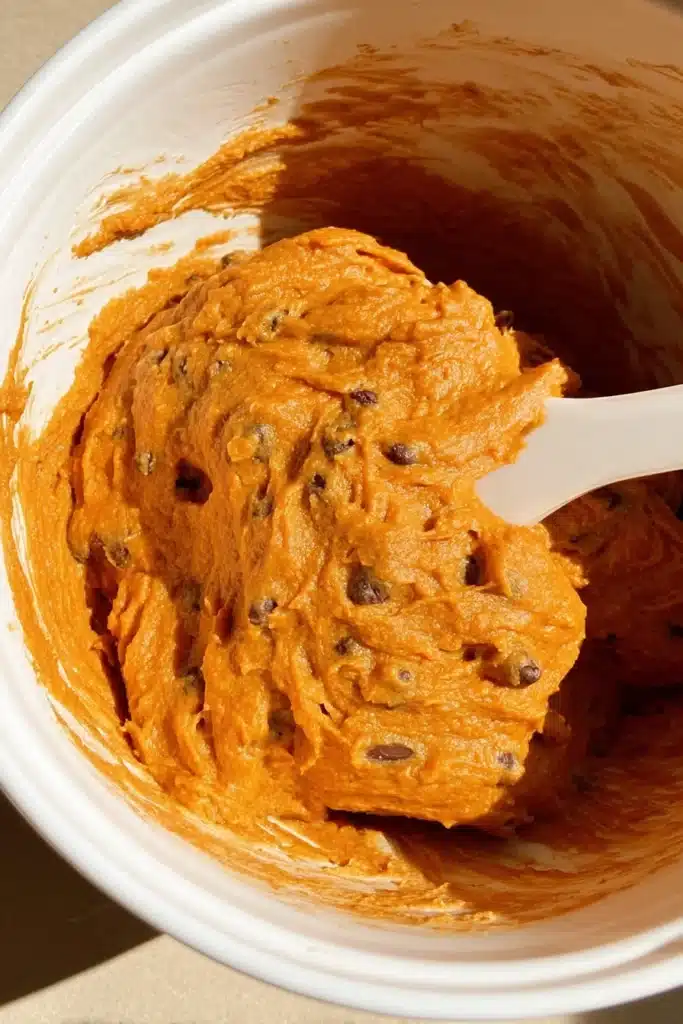 Pumpkin muffin batter with chocolate chips in a white bowl
