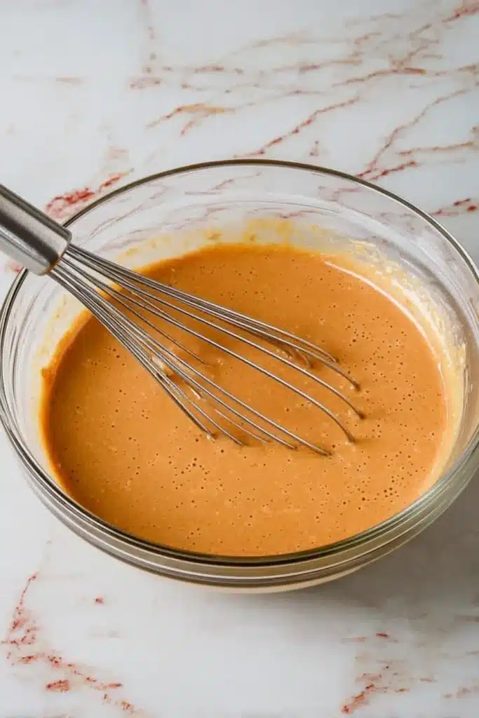 Pumpkin filling mixture for streusel torte in glass bowl with whisk