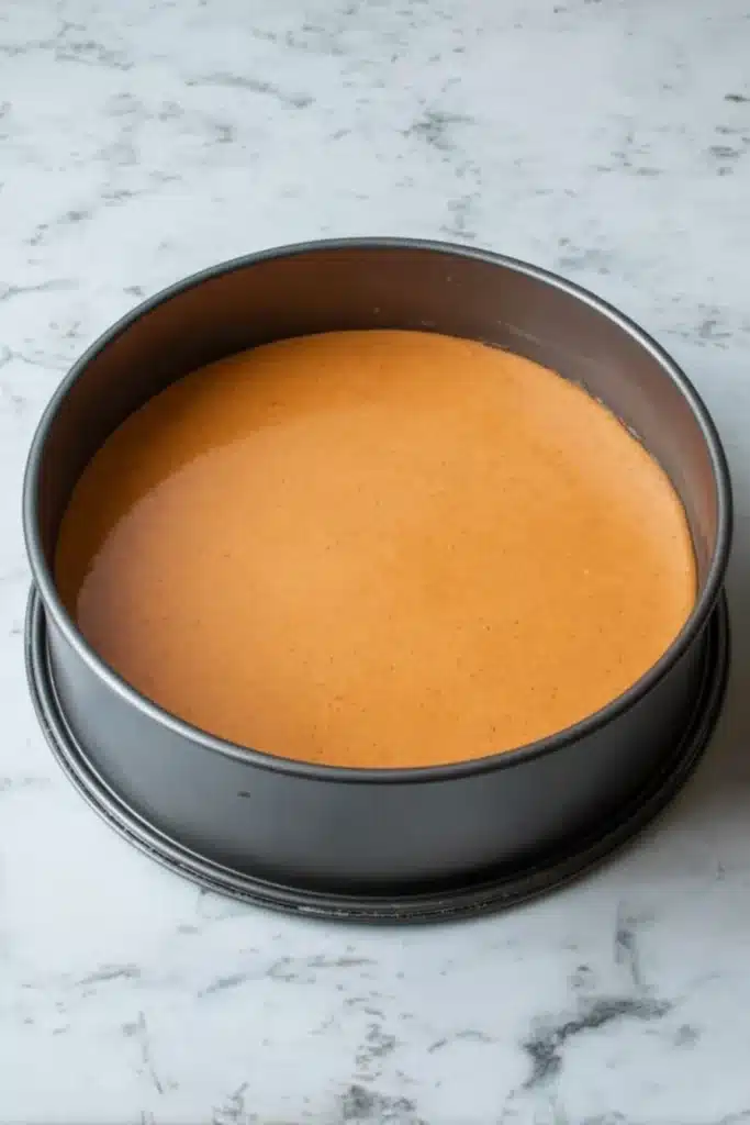 Pumpkin filling in springform pan for pecan streusel torte, ready to bake