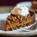 Slice of pumpkin pecan streusel torte with whipped cream on a plate