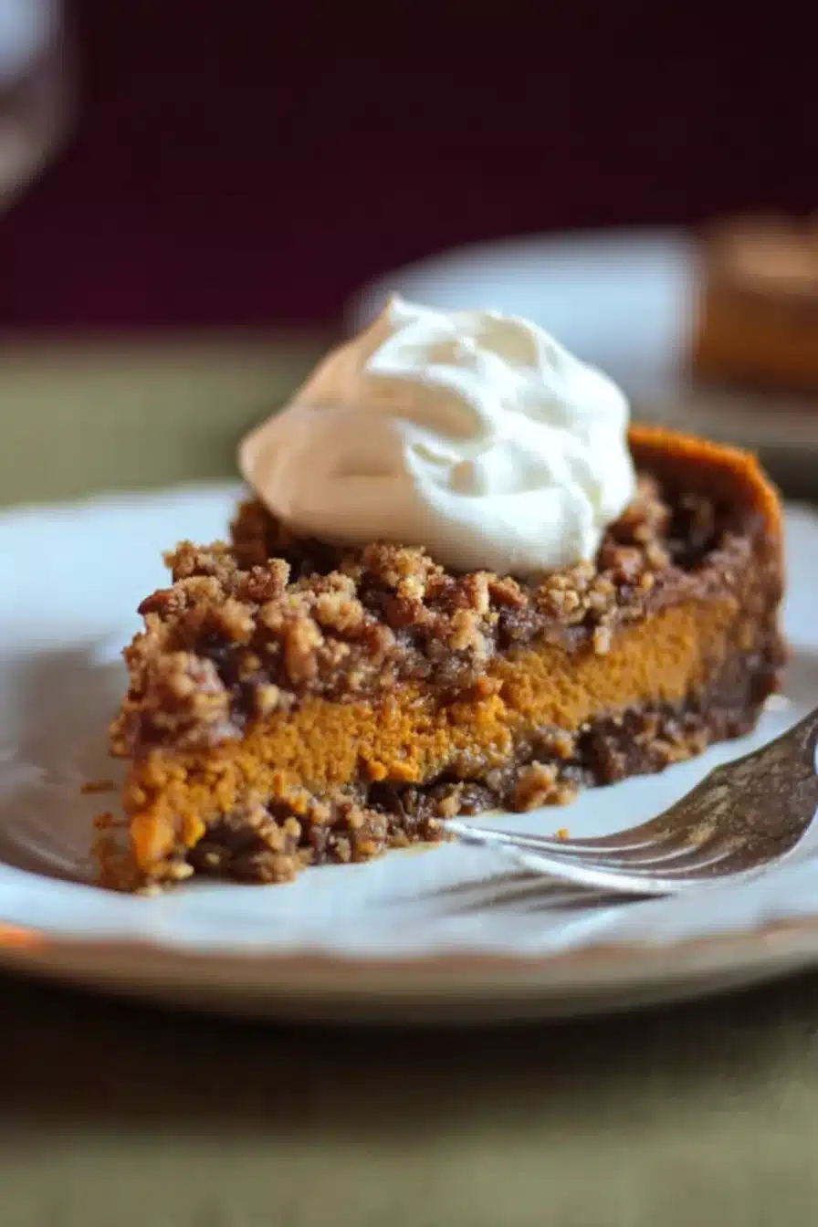 Slice of pumpkin pecan streusel torte with whipped cream on a plate