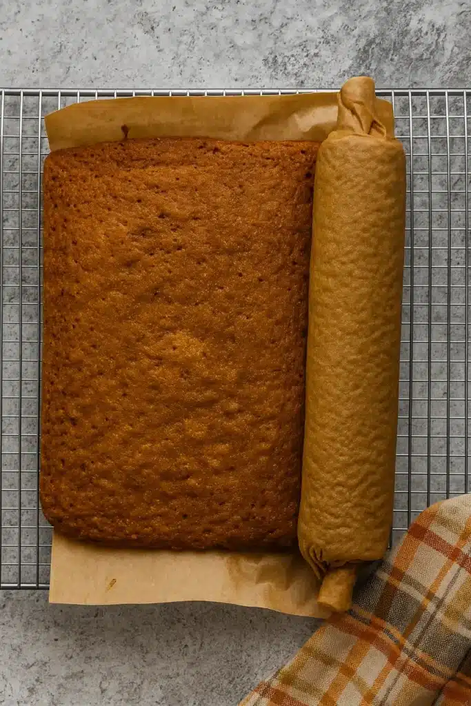 Pumpkin roll cake cooling on wire rack and partially rolled in parchment