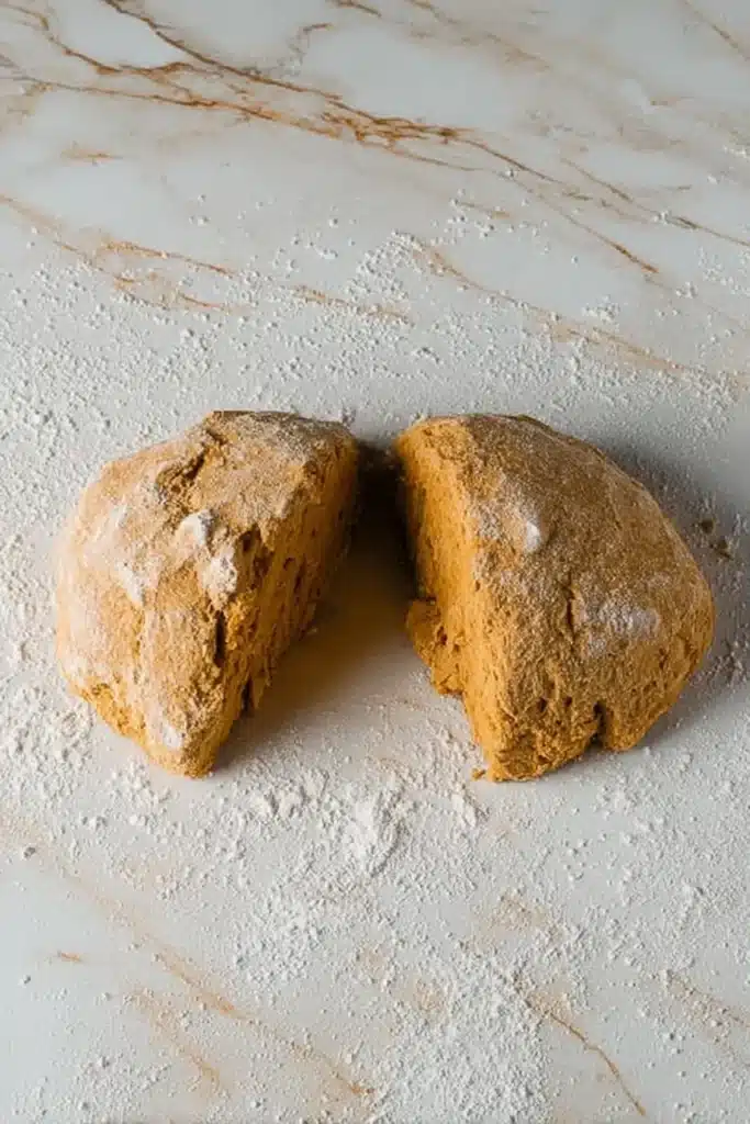 Pumpkin scone dough round sliced in half on floured surface
