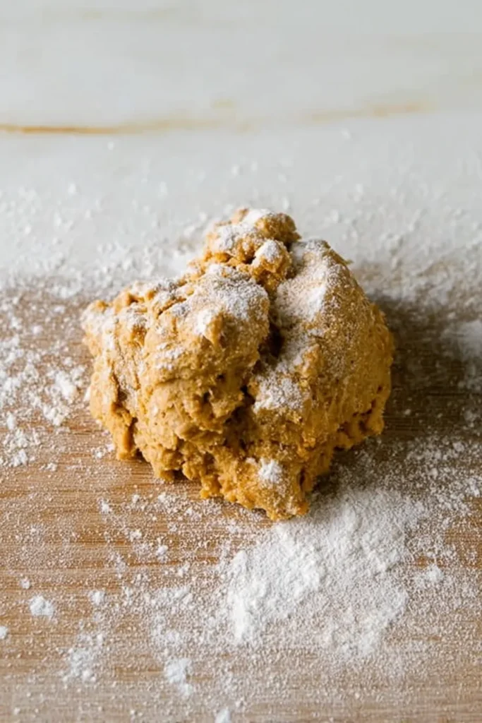 Sticky pumpkin scone dough on a floured surface ready for shaping