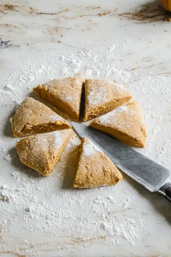 Pumpkin scone dough cut into wedges with floured knife