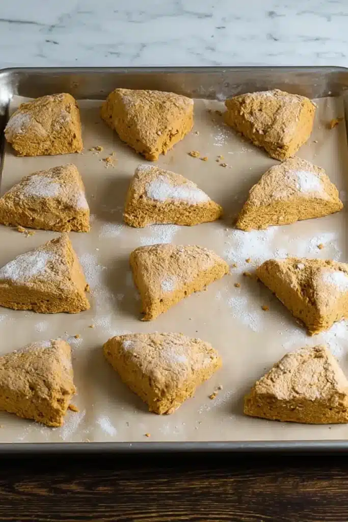 Unbaked pumpkin scones on a parchment-lined baking sheet