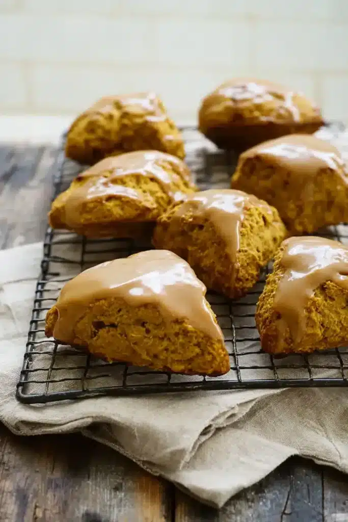 Freshly baked pumpkin scones with spiced glaze on a cooling rack
