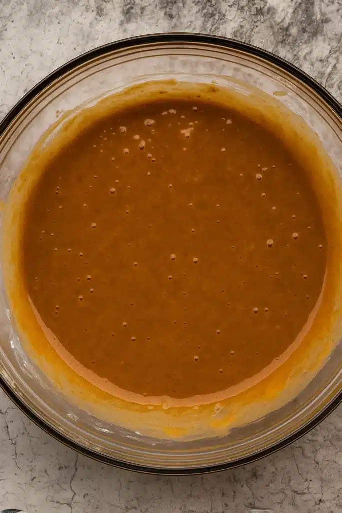 Pumpkin spice cake batter in a bowl for fall pumpkin spice roll cake