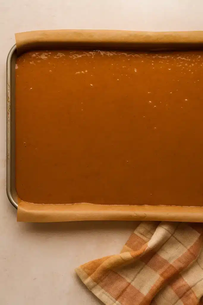 Pumpkin spice roll cake batter spread in parchment-lined baking pan