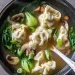 Quick & Easy Wonton Soup with mushrooms, bok choy, and dumplings in broth