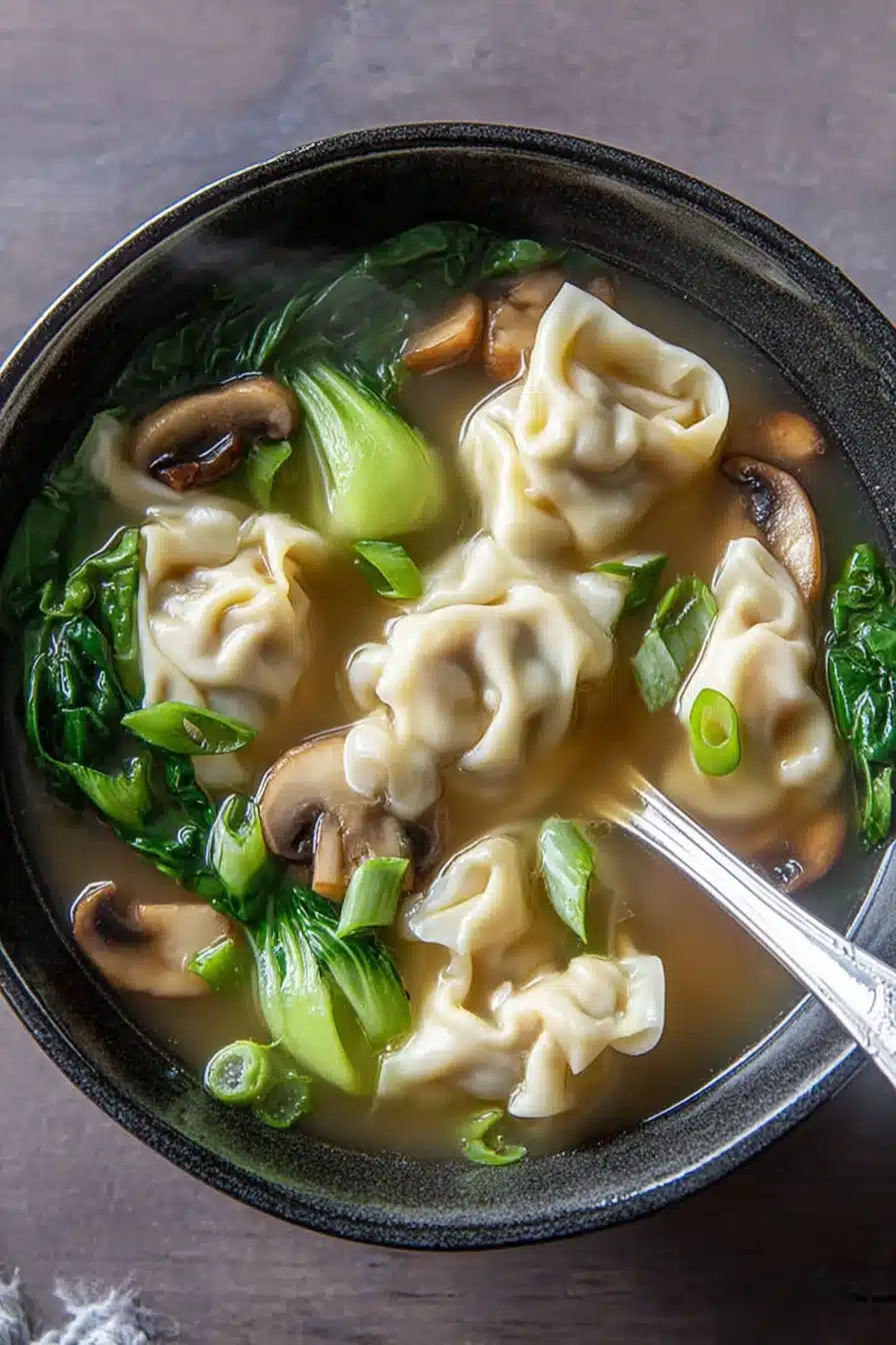 Quick & Easy Wonton Soup with mushrooms, bok choy, and dumplings in broth