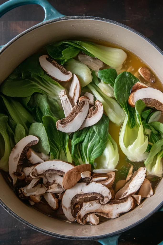 Quick & Easy Wonton Soup with bok choy and shiitake mushrooms in broth
