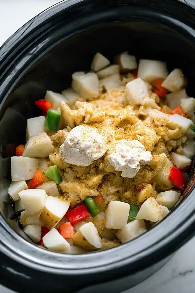 Kentucky Crockpot Potatoes – Easy, Delicious Comfort Food 10 Uncooked Kentucky crockpot potatoes with sour cream and seasonings in slow cooker