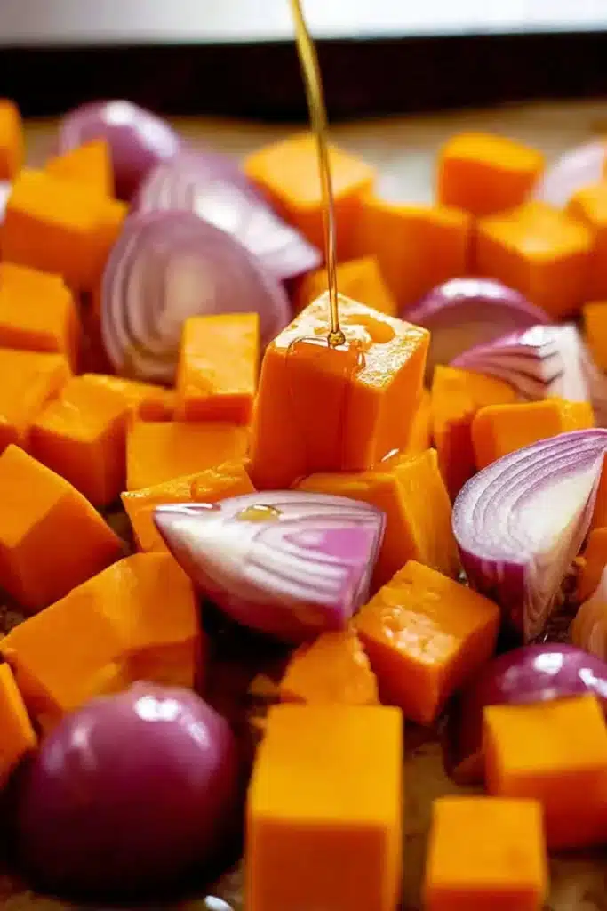 Raw pumpkin and red onions drizzled with maple syrup on baking tray