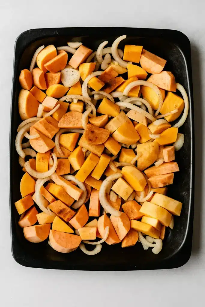 Chopped vegetables and spices for Spicy Butternut Squash and Sweet Potato Soup