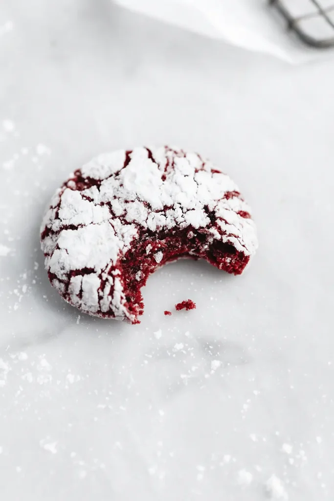 Bitten red velvet crinkle cookie on marble dusted with powdered sugar