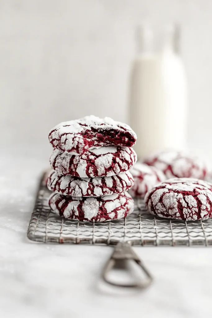 Stack of red velvet crinkle cookies with powdered sugar on a wire rack