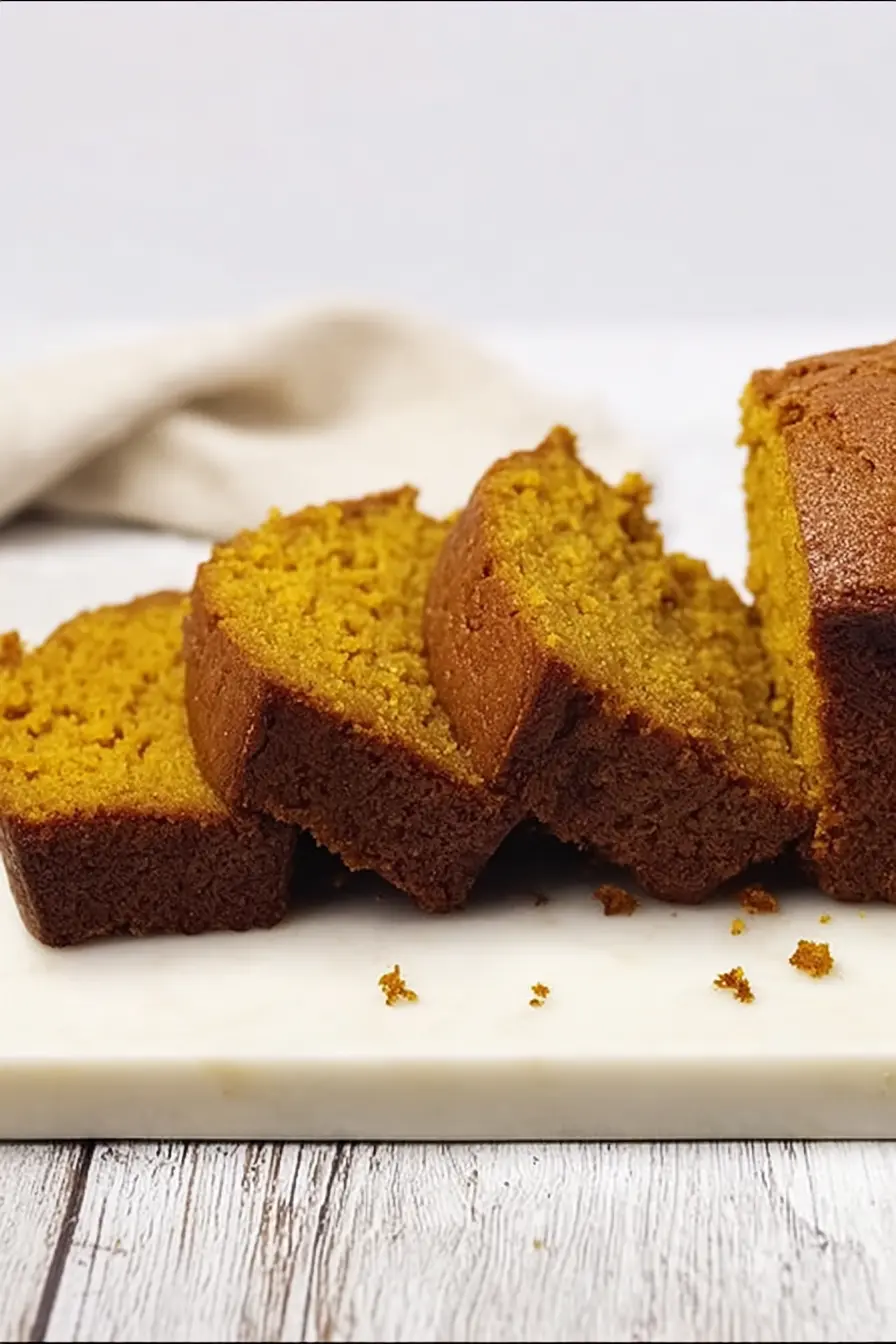 Slices of rich and buttery pumpkin bread on a ceramic serving tray