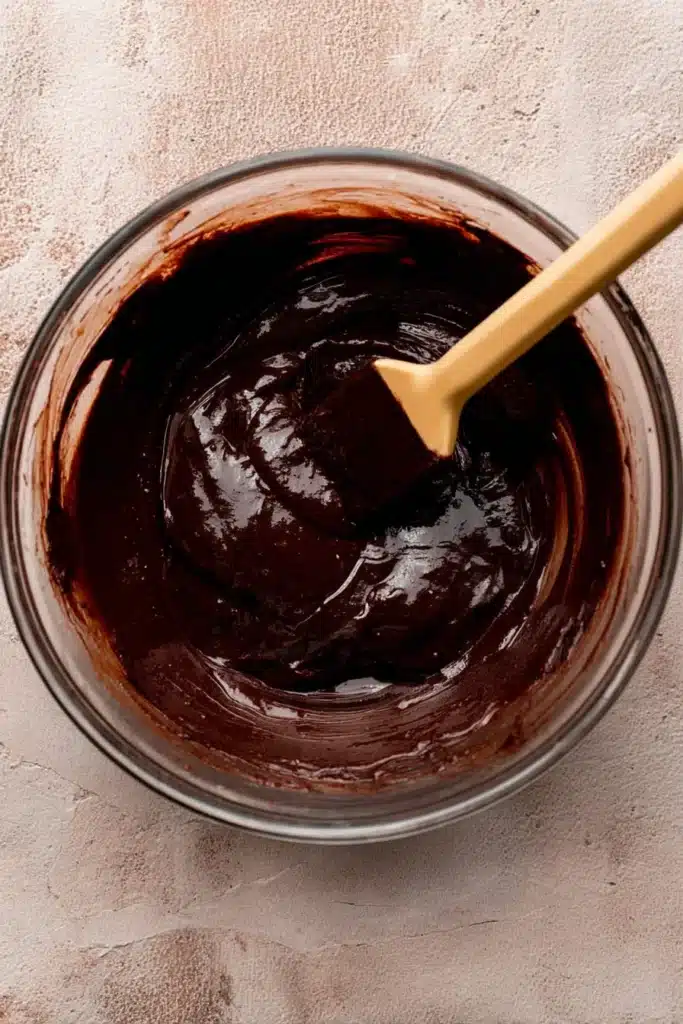 Glossy chocolate brownie batter in a glass bowl with spatula