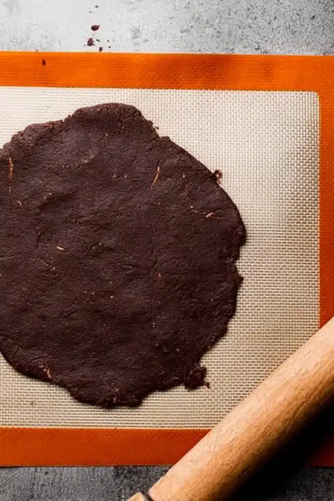 Rolled chocolate cookie dough on baking mat with rolling pin