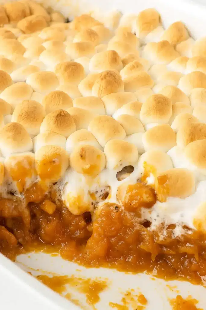 Scooped sweet potato casserole with toasted marshmallows in a white baking dish