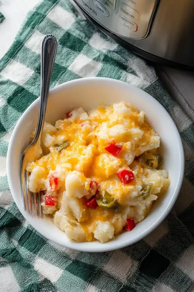 Kentucky Crockpot Potatoes – Easy, Delicious Comfort Food 13 Bowl of cheesy Kentucky crockpot potatoes served with fork on napkin