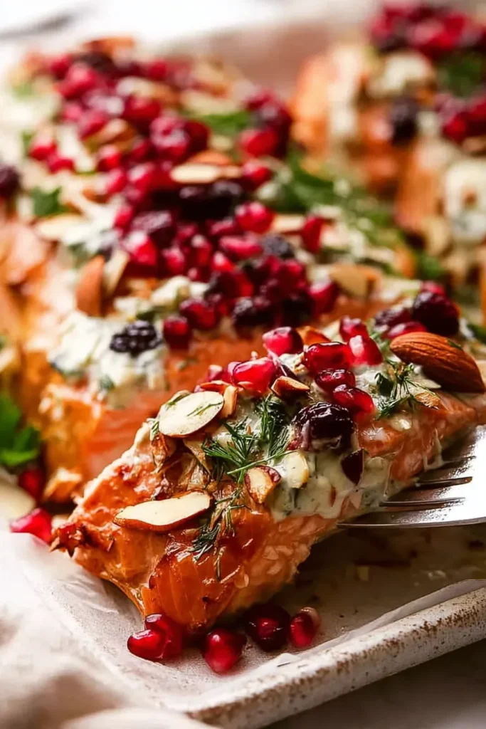 Sliced Christmas baked salmon with creamy dill sauce and holiday toppings