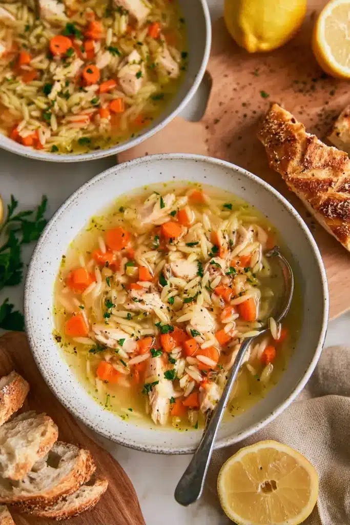 Bowl of lemon chicken orzo soup with bread, carrots, and fresh herbs