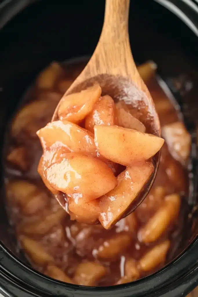 Slow Cooker Cracker Barrel Fried Apples | Delicious Copycat 13 Wooden spoon lifting Slow Cooker Cracker Barrel Fried Apples