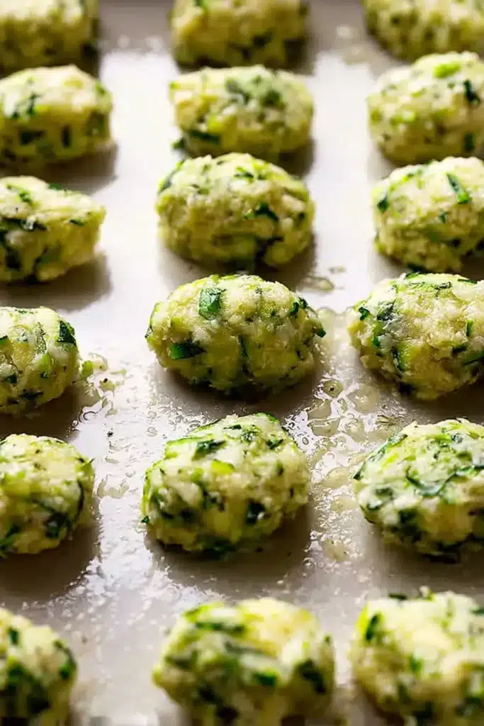 Greek Zucchini Tots | Amazing Crispy Bites 12 Unbaked zucchini tots shaped on a greased baking tray