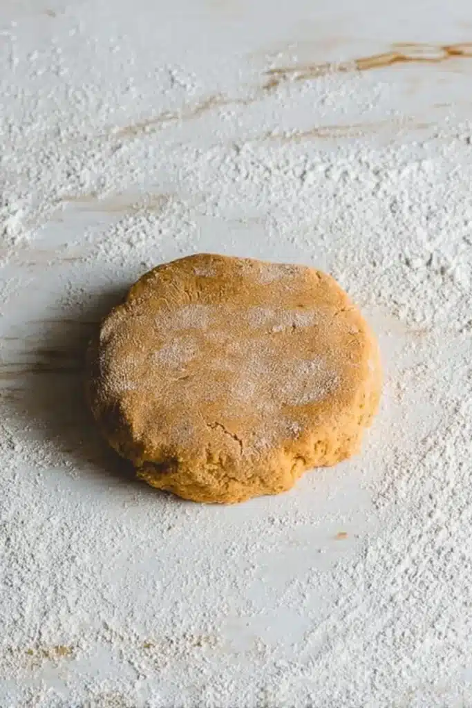 Flattened pumpkin scone dough disc on floured surface