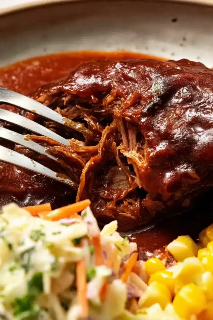 Fork shredding tender slow cooked beef ribs in BBQ sauce