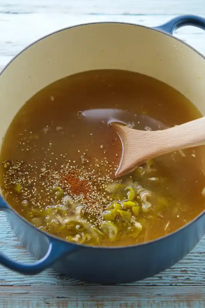 The Best White Chicken Chili | Comforting & Creamy Recipe 11 Chicken broth, chilies, and spices in Dutch oven for the best white chicken chili