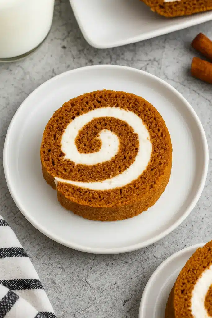 Pumpkin spice roll cake slice with cream cheese filling on a plate