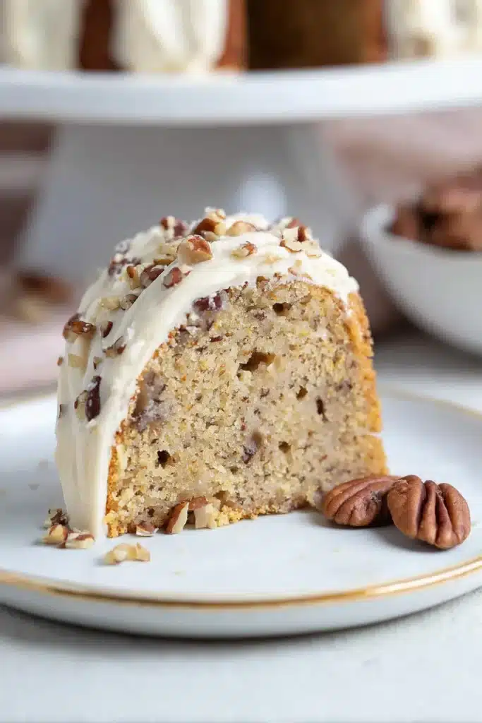 Keto Butter Pecan Pound Cake – Moist, Nutty & Delicious 13 Single slice of keto butter pecan pound cake on a white plate