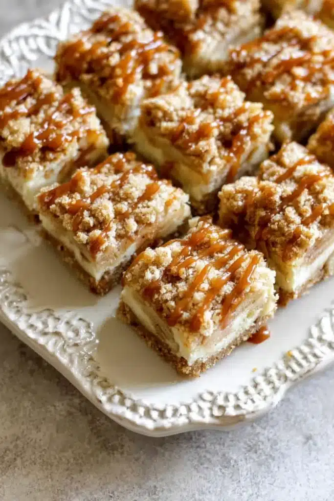 The Best Caramel Apple Cheesecake Bars 11 The best Caramel Apple Cheesecake Bars sliced and drizzled with caramel