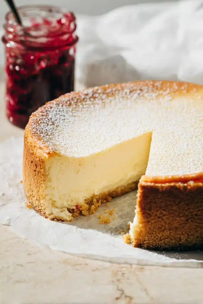 Classic New York Cheesecake Recipe – Foolproof & Delicious 16 Classic New York cheesecake sliced with powdered sugar and berry compote